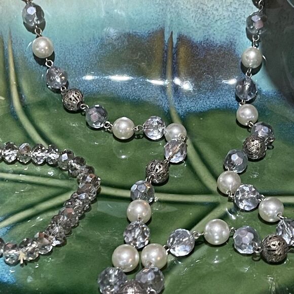 Handcrafted Glass Faceted Beads & Pearl Long Necklace Earrings Set - Picture 3 of 4